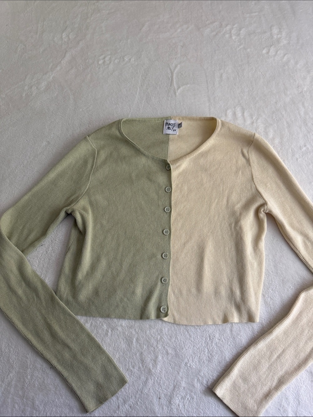 Princess Polly Two-Tone Sage Green and Cream Button Cardigan